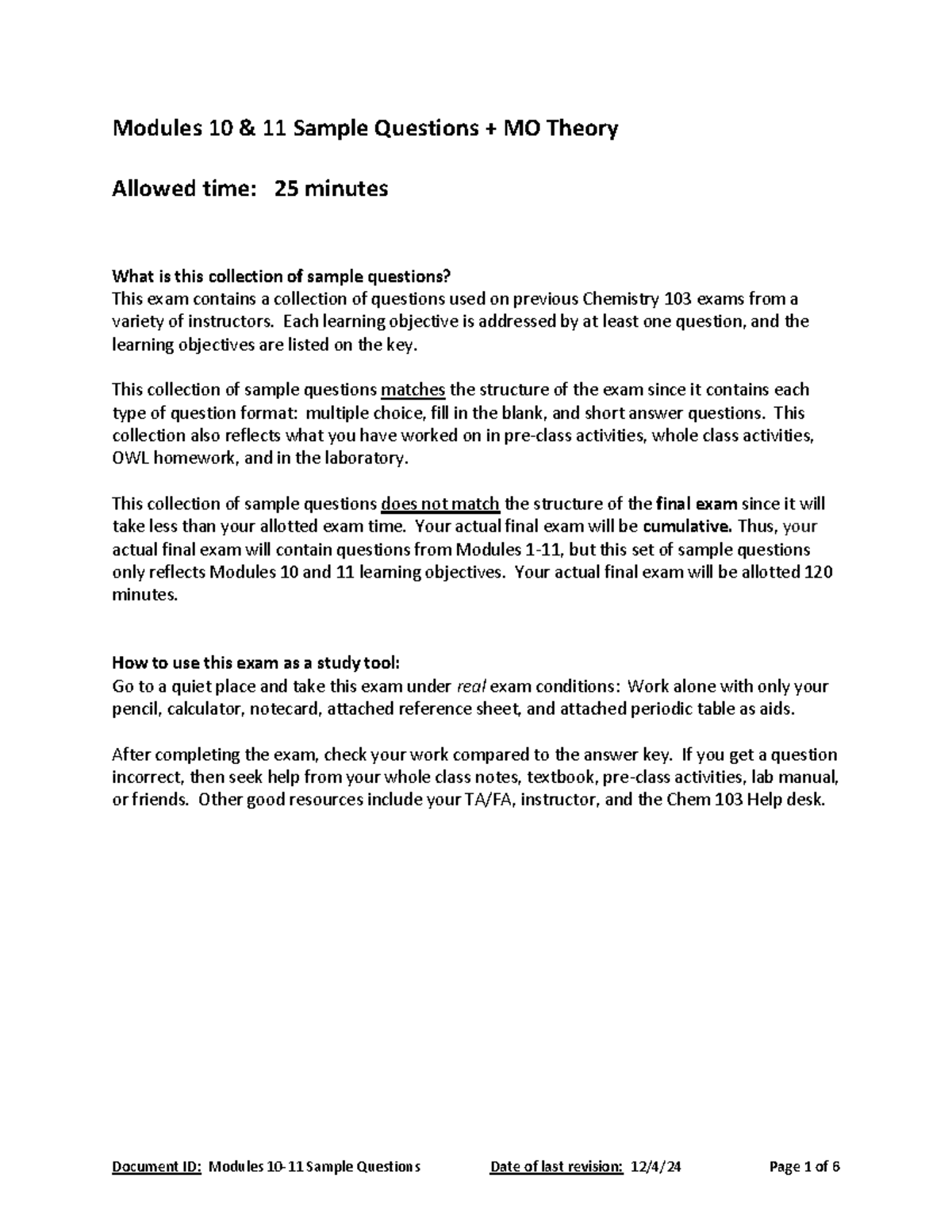 Chem 103 Modules 10-11 Final Exam Sample Questions - Studocu