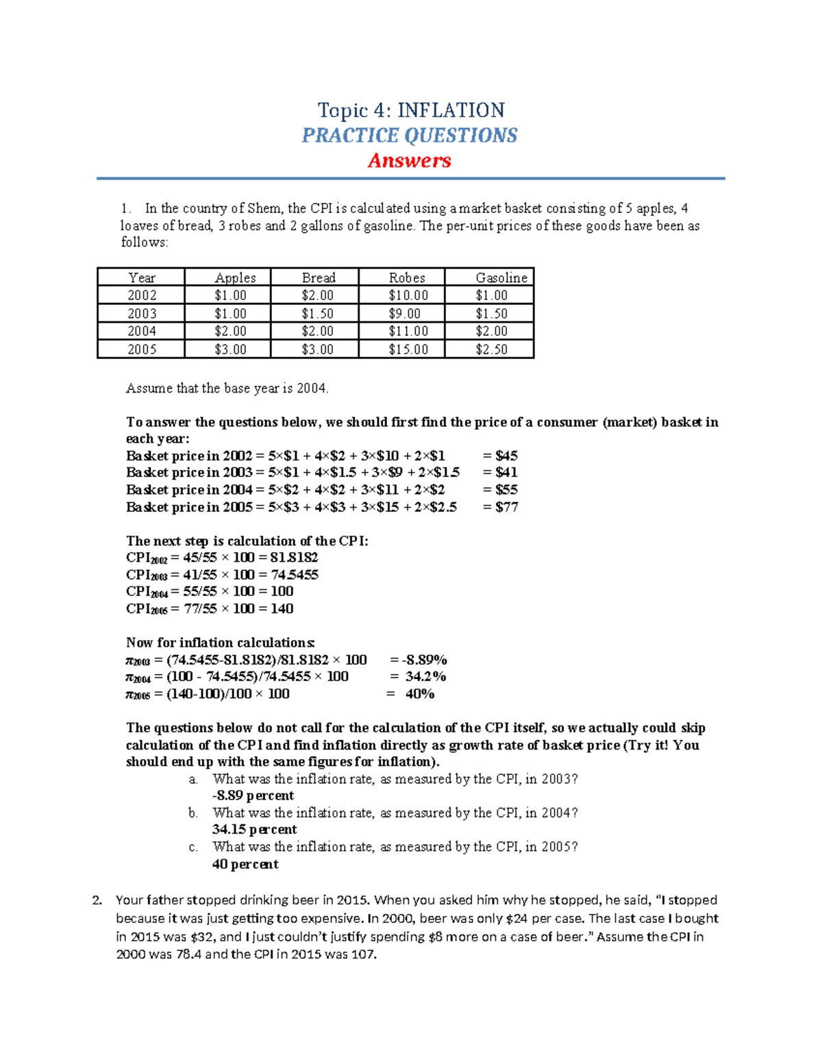 Topic 4 - Inflation - Practice Questions and Answers (Econ 101) - Studocu
