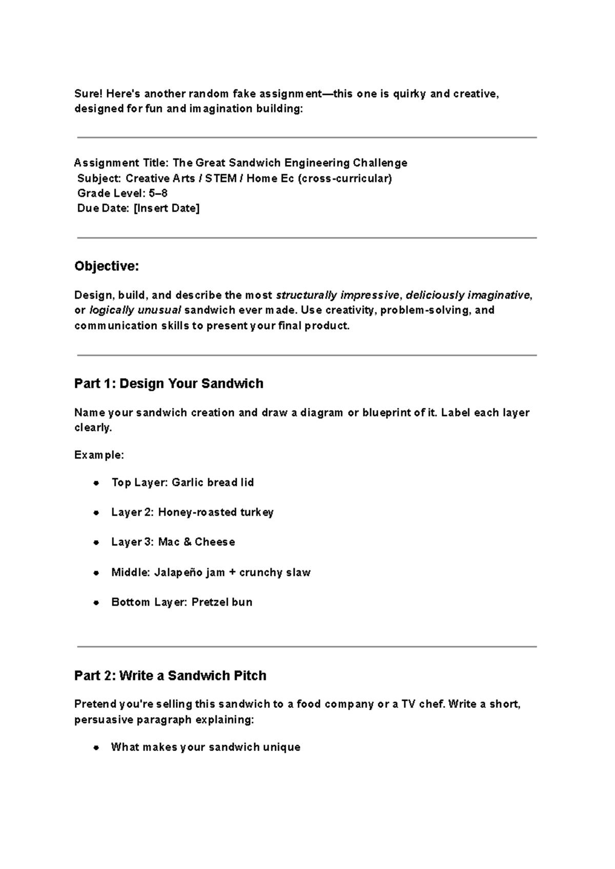 Creative Arts STEM Assignment: The Great Sandwich Engineering Project ...