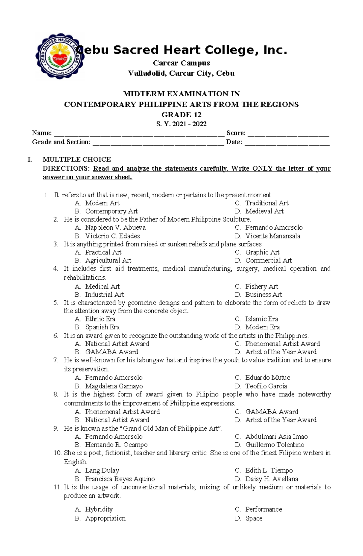 Grade 12 CPAR Midterm Exam: Contemporary Philippine Arts Insights - Studocu