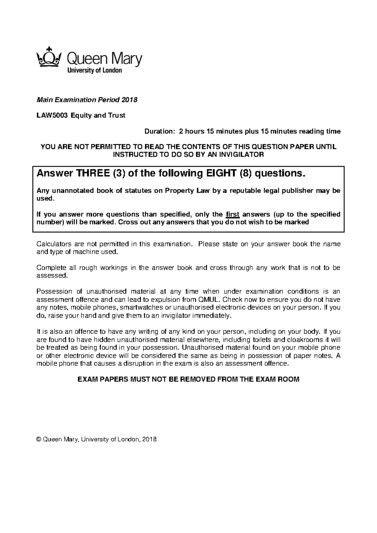 LAW5003 Equity and Trusts 2018 Final Exam Paper - Studocu