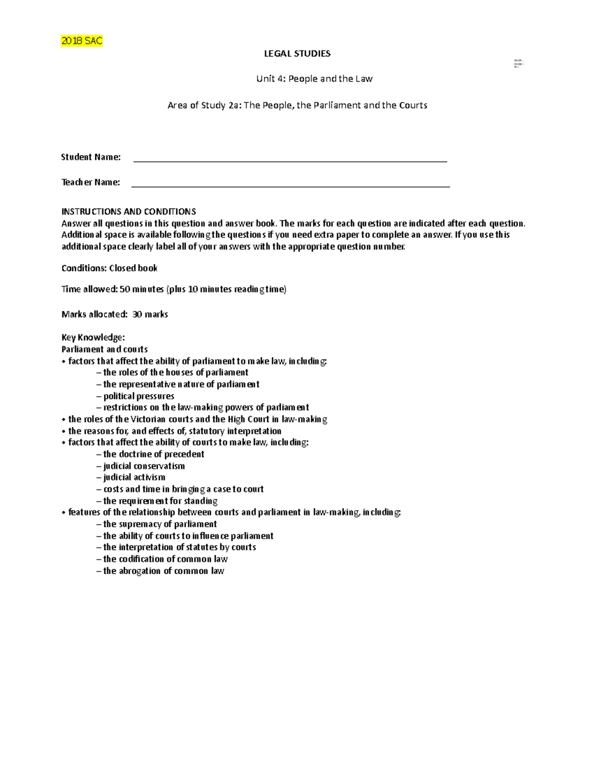 Unit 4 Legal Studies AOS 1 SAC - 2024 Coursework Guide - Studocu