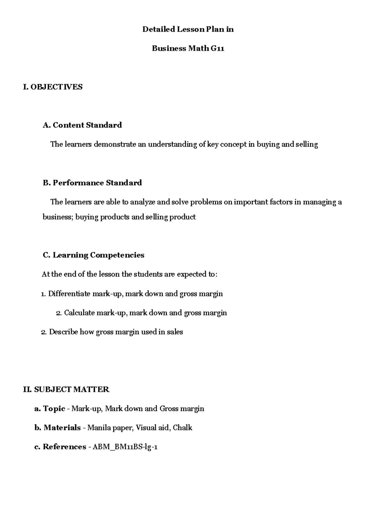 DLP - Business Math G: Mark-up, Mark down, and Gross Margin Lesson Plan ...