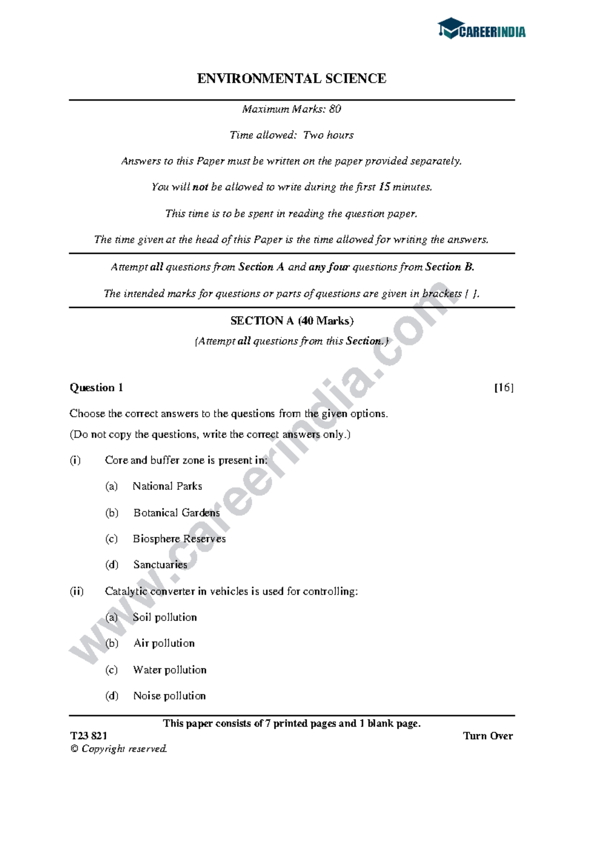 ICSE T23 821 Environmental Science Question Paper 2023 - Studocu