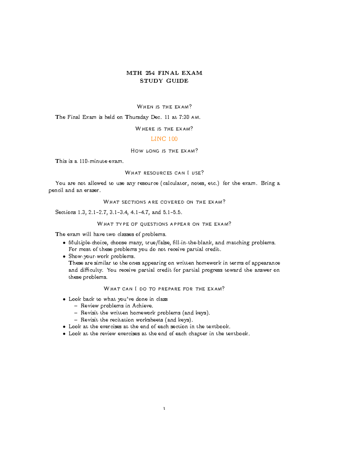 MTH 254 Final Exam Study Guide - Studocu
