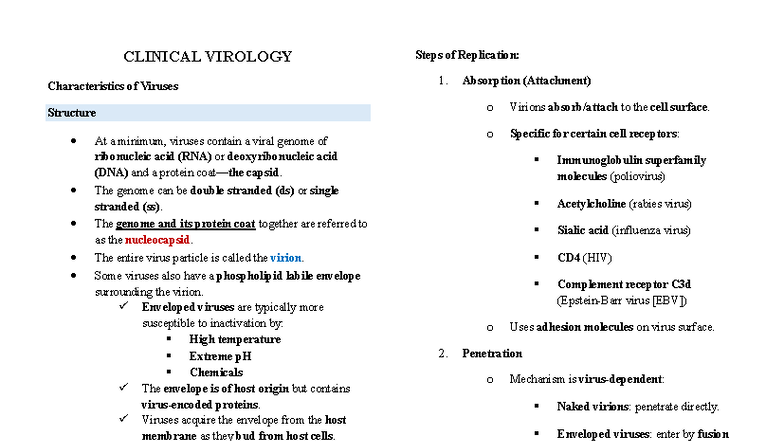 Clinical Virology (CLINICAL VIROLOGY) - Steps of Viral Replication and ...