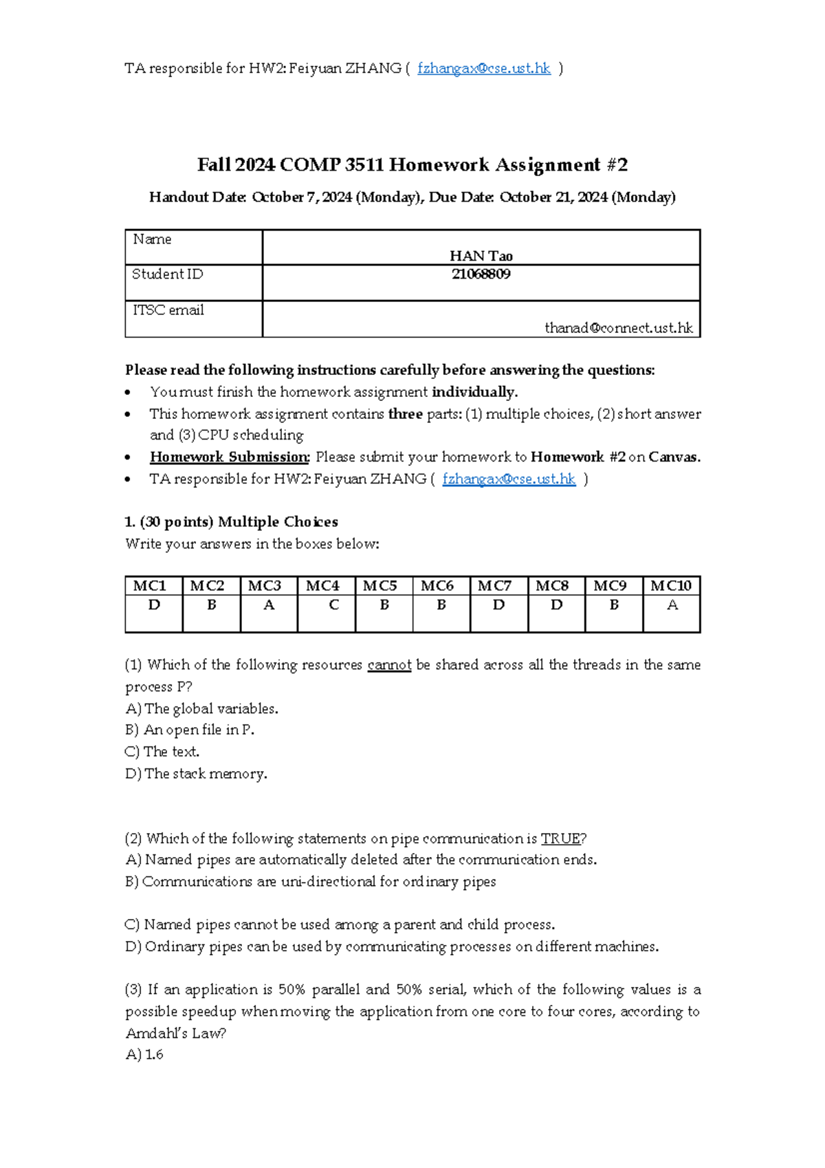 COMP 3511 F2024 Homework #2 - CPU Scheduling & Thread Mapping Analysis ...