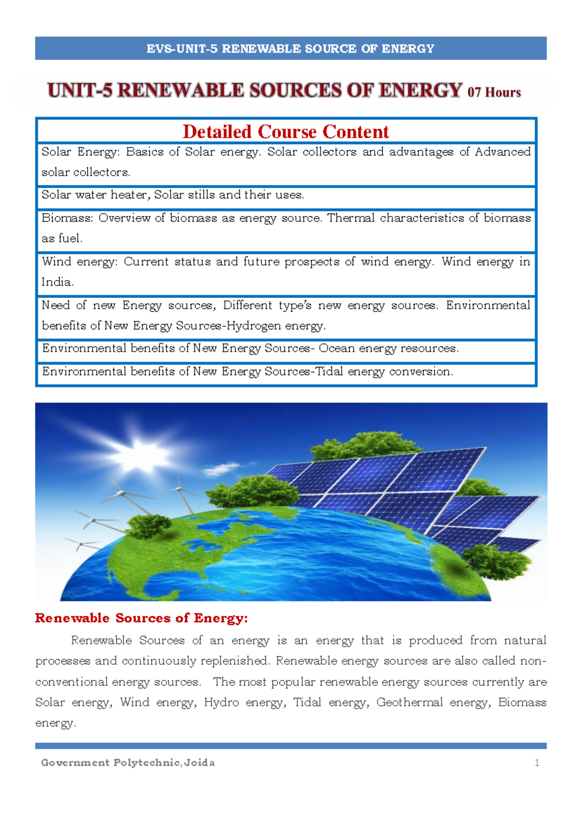 EVS UNIT-5: Comprehensive Overview of Renewable Energy Resources - Studocu