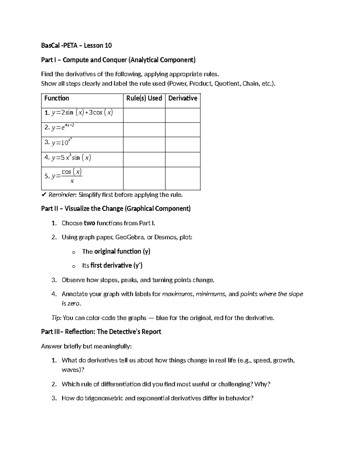 BasCal Lesson 10: Compute & Conquer Derivatives & Graphs - Studocu