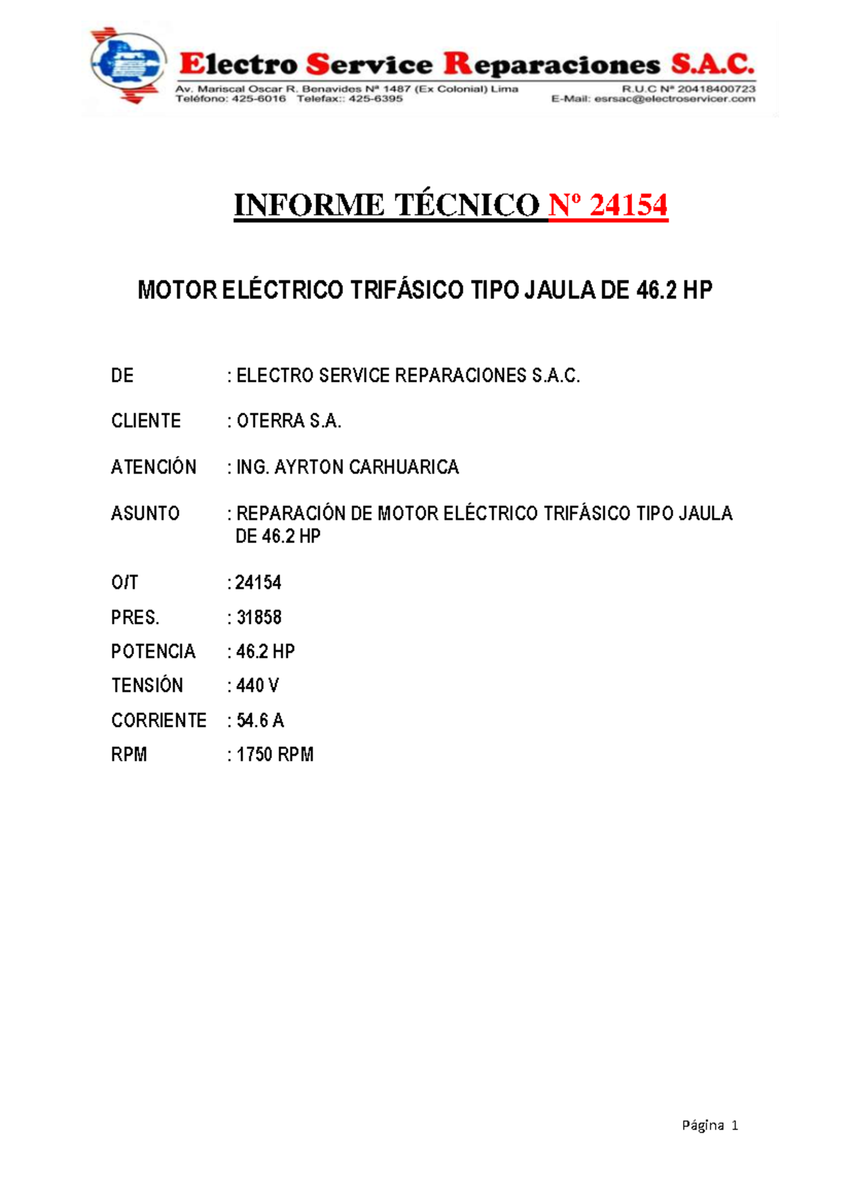 24154 Informe Técnico de Reparación de Motor Trifásico 46 HP 440 V ...