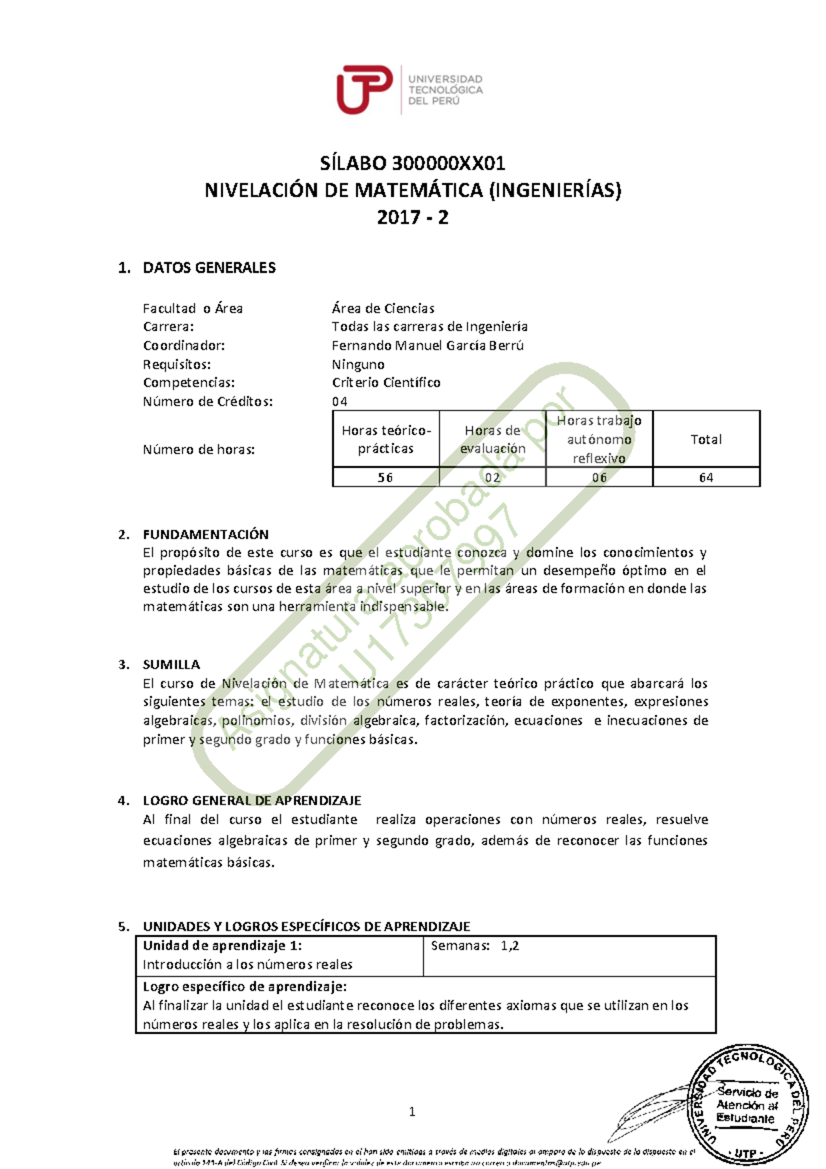 Sílabo de Nivelación de Matemática (ING) 2017 - Área de Ciencias - Document Preview