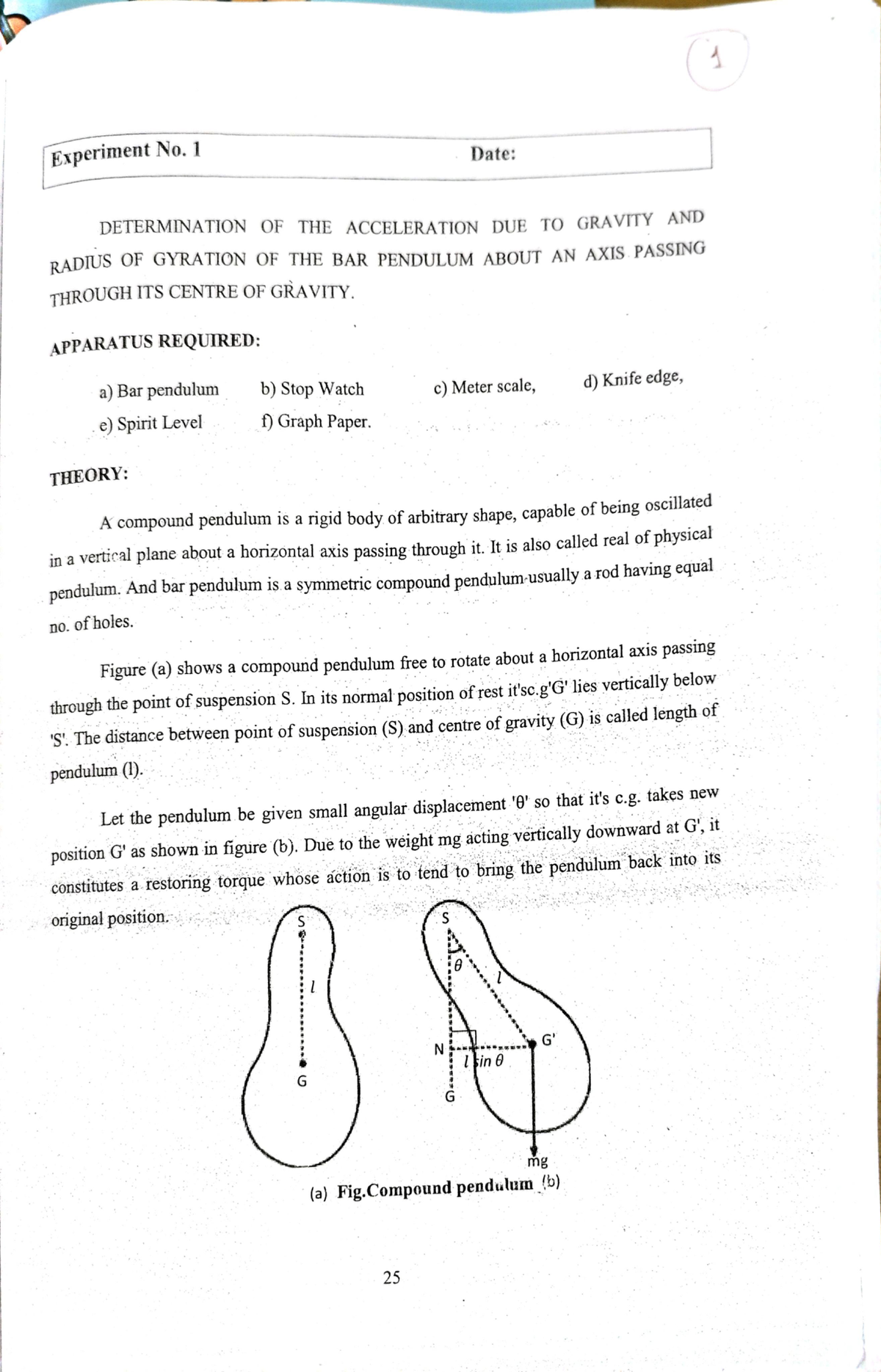 AP-Exp-1 - pendulum - 1 Experiment No. 1 Date: DETERMINATION OF THE ...