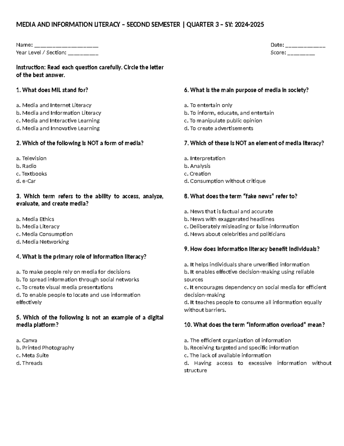 MIL Q3 ST1 - Media and Information Literacy Summative Test - Studocu