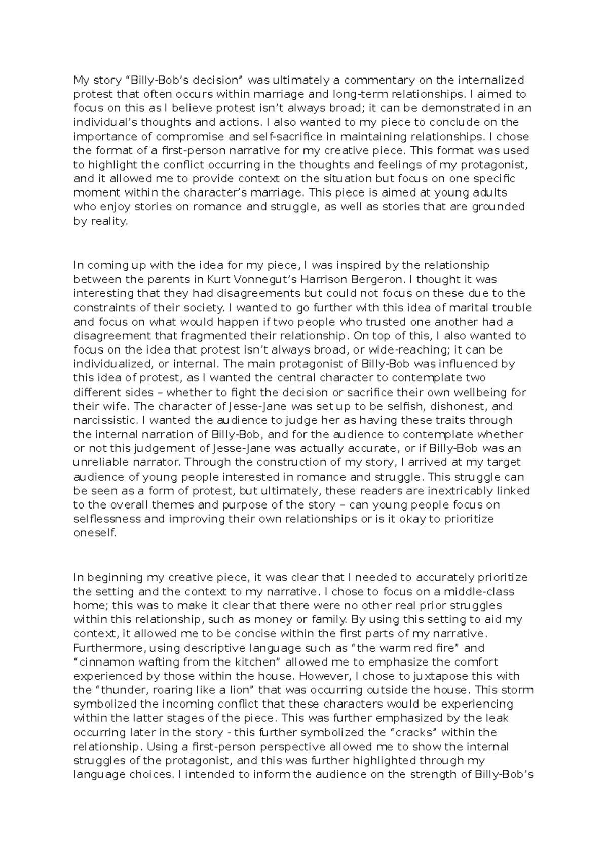 Sample Statement of Intention - My story “Billy-Bob’s decision” was ...