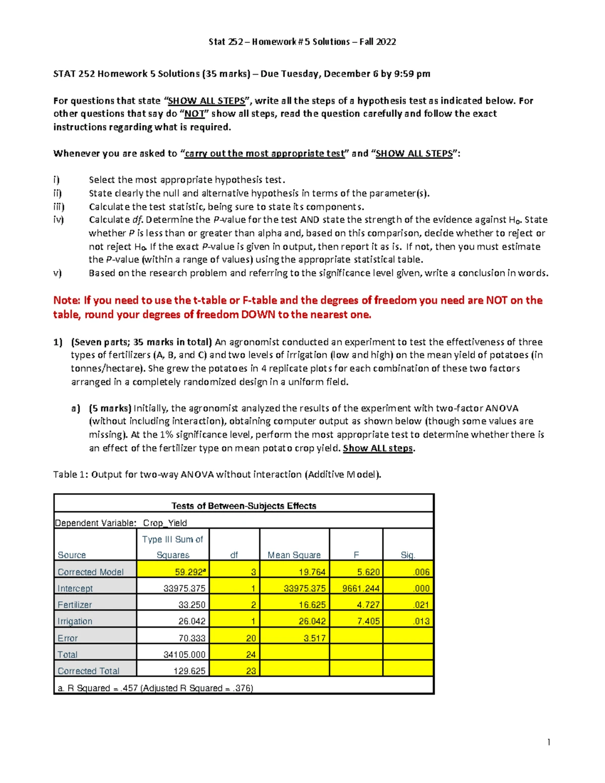 252Practice Final 1Soln - Statistics 252 – Final Exam – Version A ...