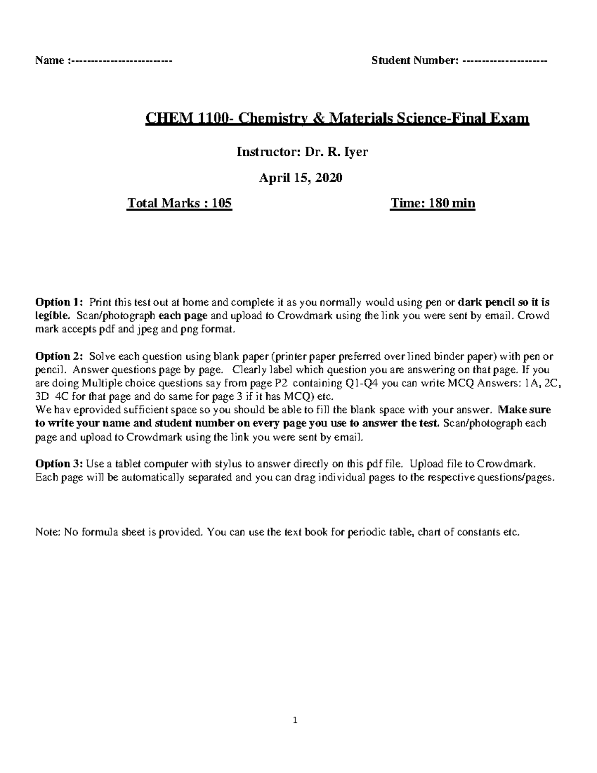 Final CHEM 1100 - Chemistry & Materials Science - Winter 2020 Exam ...