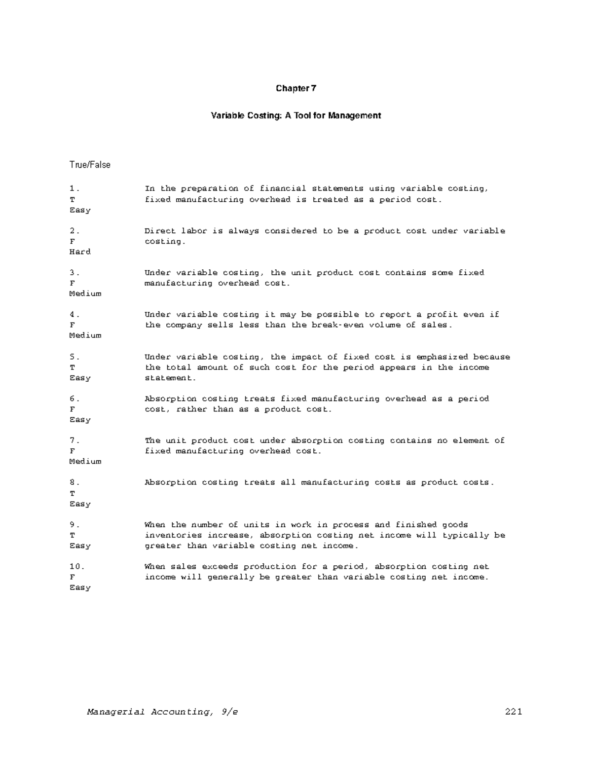 Variable Costing - Chapter 7 Practice Problems & Solutions - Studocu