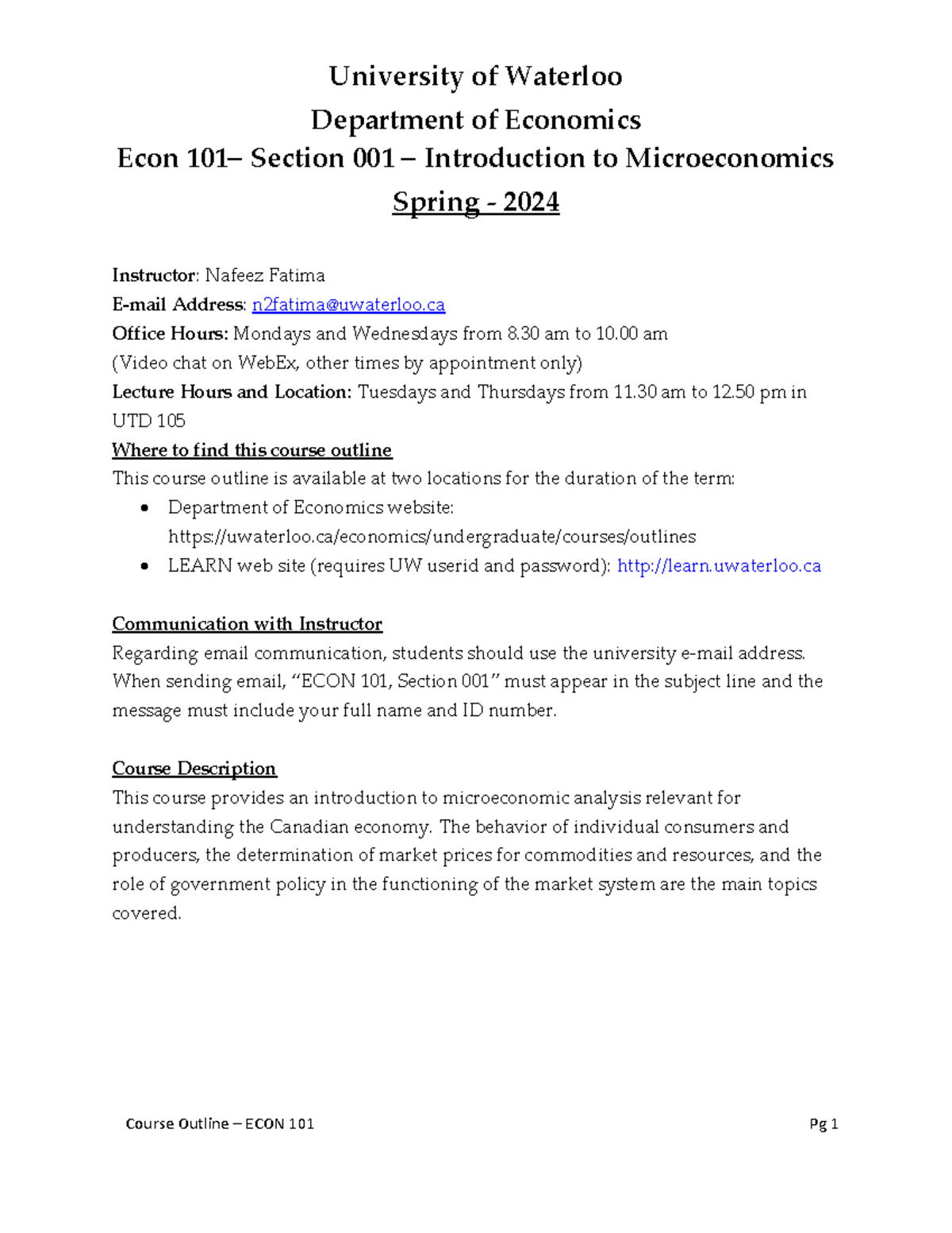 Econ 101: Intro to Microeconomics - Course Outline Spring 2024 - Studocu