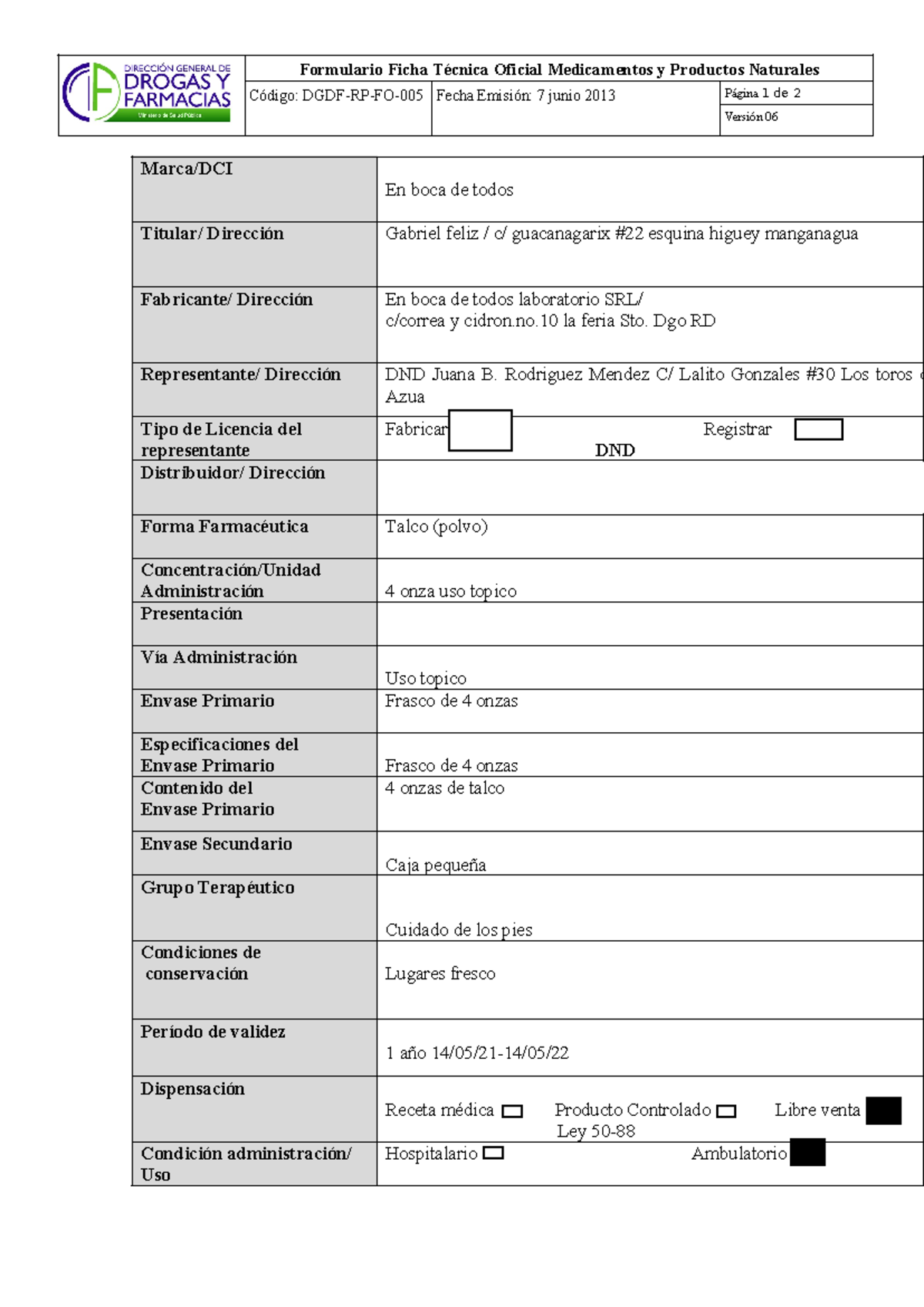 Ficha Técnica: Jarabe y Talco (DGDF-RP-FO-005) con Especificaciones ...