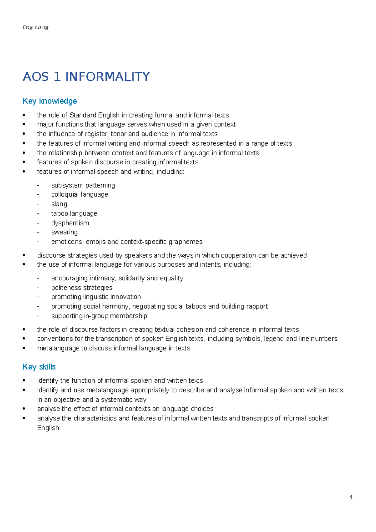 Eng Lang AOS 1 & 2: Informality, Formality, and Identity Key Concepts ...