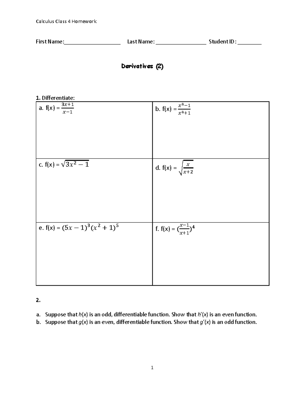 Calculus Class 04 Homework: Derivatives and Cotangent Curves - Studocu