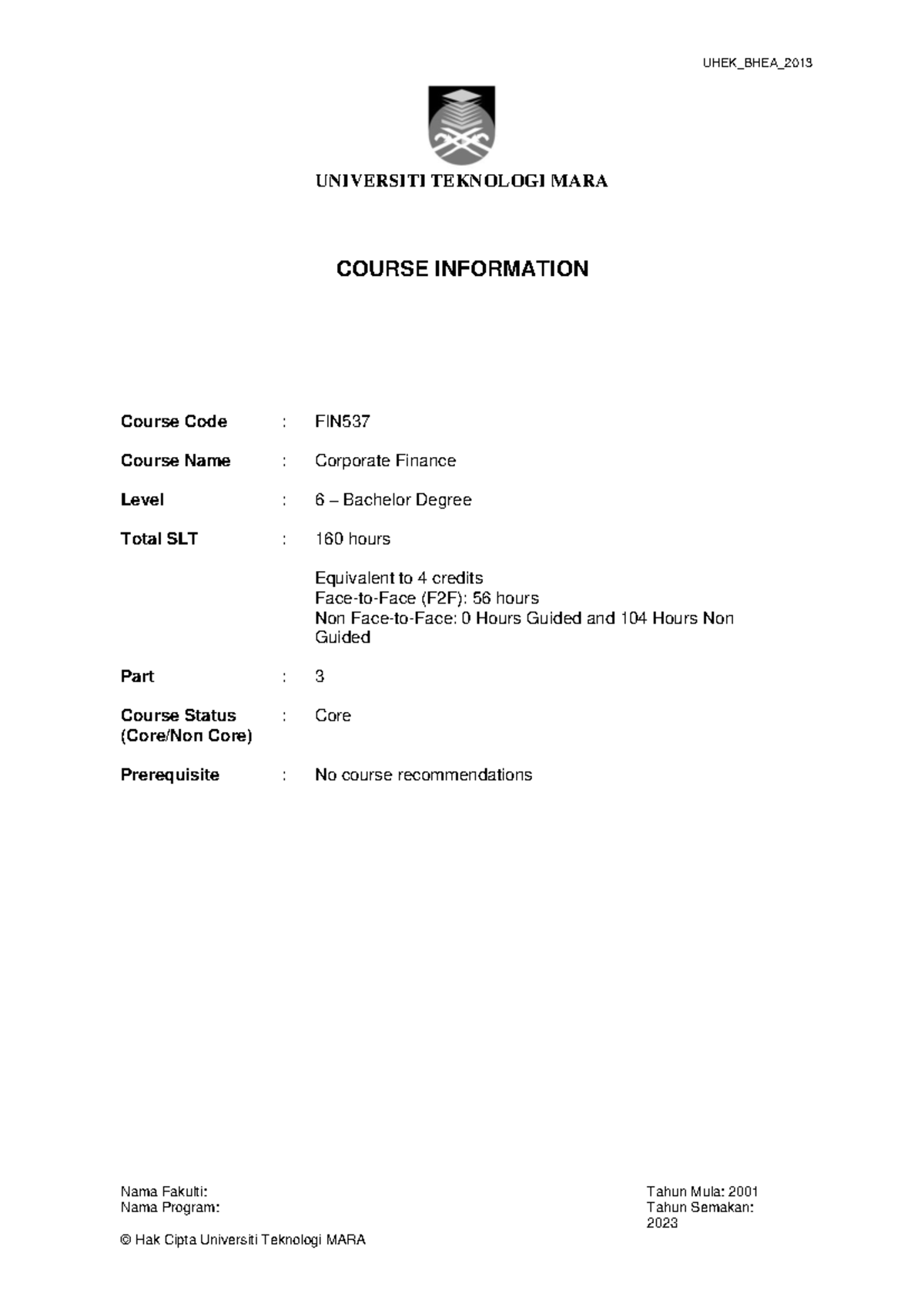 FIN537 Corporate Finance Course Information & Syllabus 2023 - Studocu