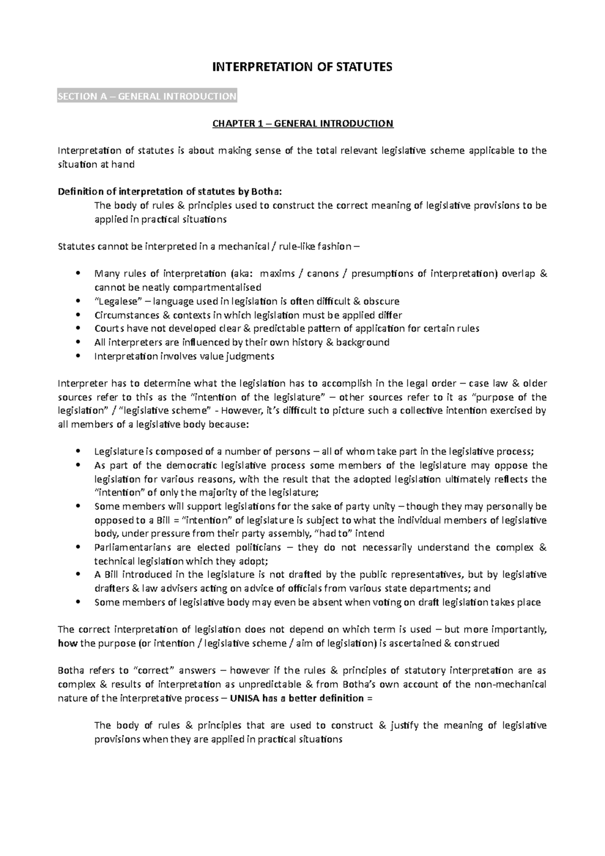 IOS2601 - Summary Notes on Statutory Interpretation Principles - Studocu