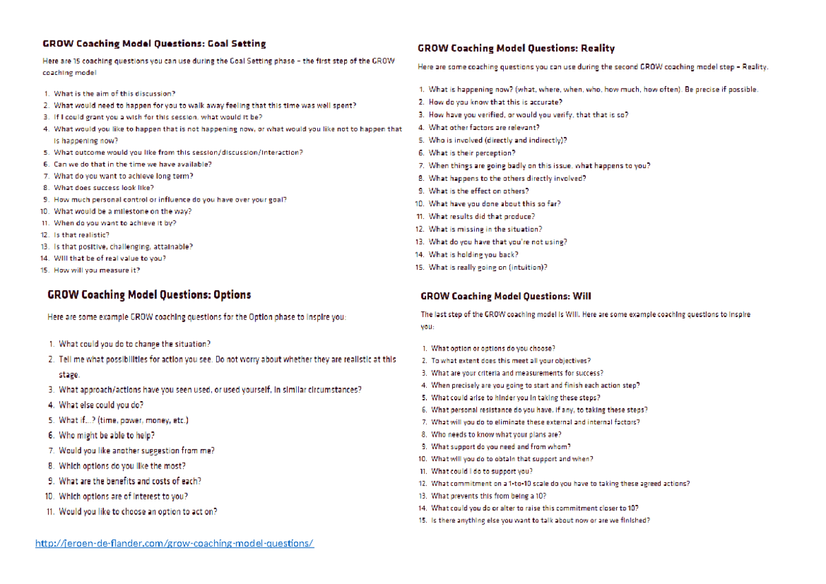 GROW Coaching Model Questions: Goal Setting, Options, Reality, Will ...