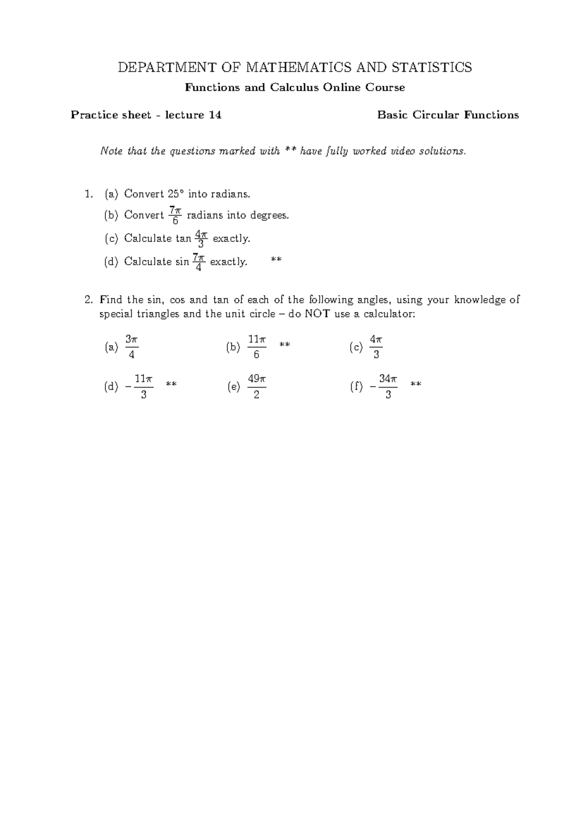 MATH 101: Lecture 14 Practice Sheet on Basic Circular Functions - Studocu