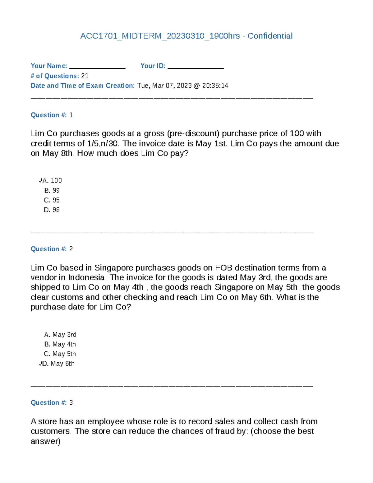 ACC1701A Midterm 1 Solutions with Detailed Explanations - Studocu