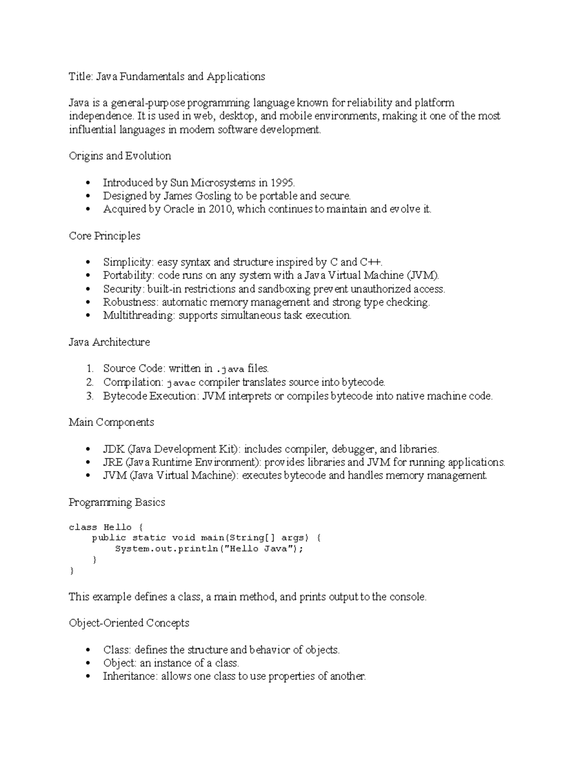 Java Fundamentals and Applications: A Comprehensive Overview - Studocu