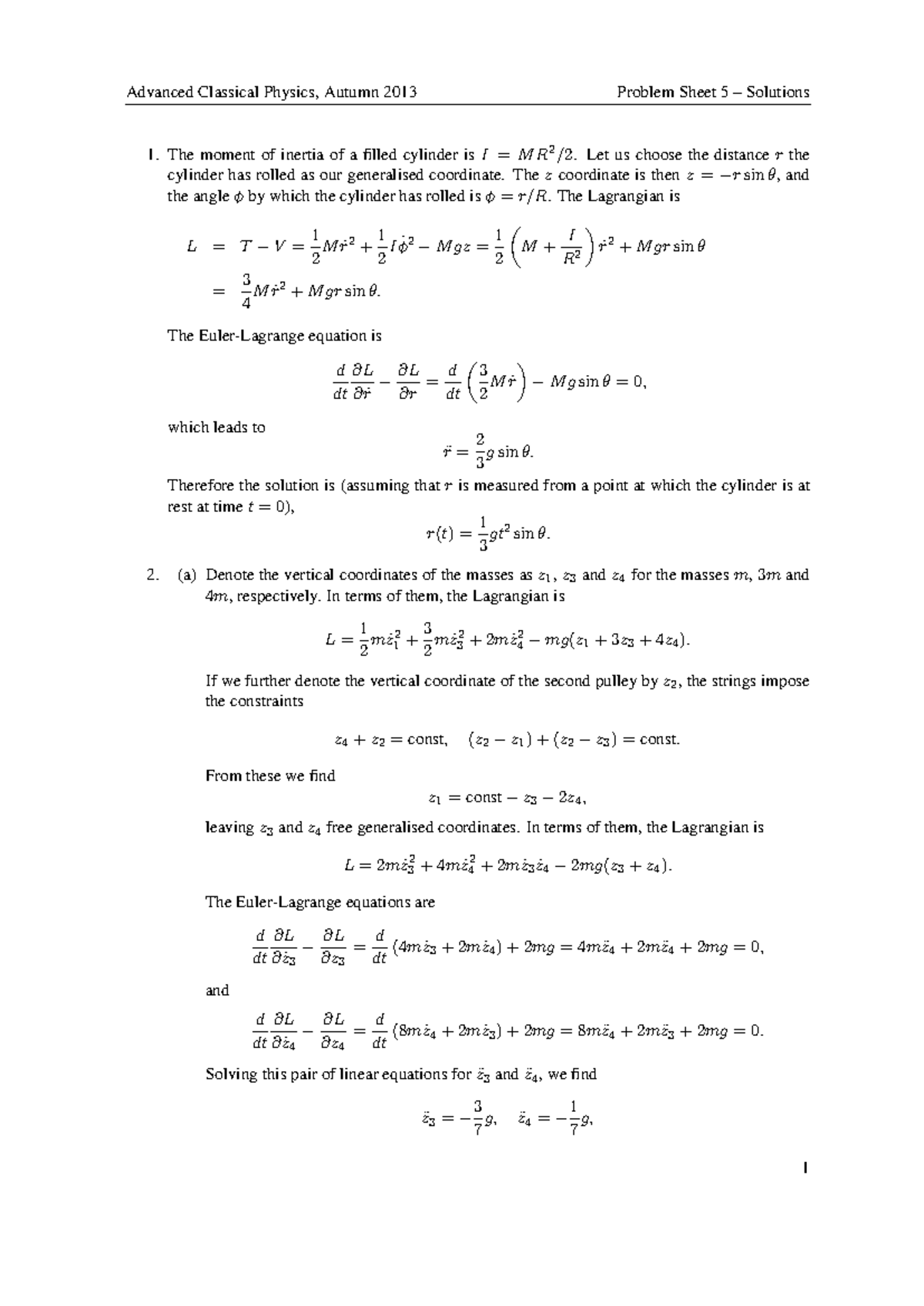 Advanced Classical Physics 2013-2014 Problem Sheet 5 - Solutions ...