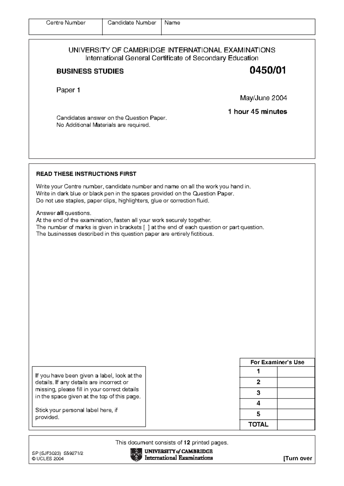Business Studies 0450 S04 Paper 1 - May/June 2004 Exam Analysis - Studocu