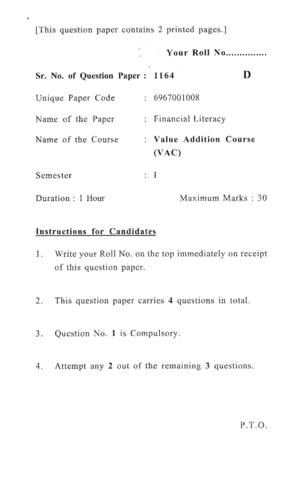 VAC - Financial Literacy Semester 1st - Unique Paper Code Name of the ...
