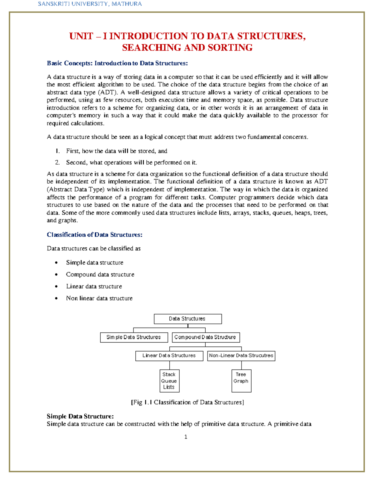 DS Lecture Notes - UNIT – I INTRODUCTION TO DATA STRUCTURES, SEARCHING ...