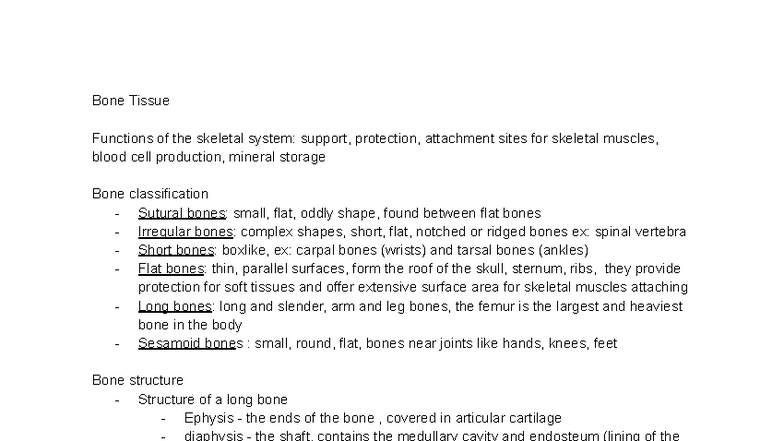 Bone Outline Exam 2 Notes: Functions, Classifications, and Structures ...