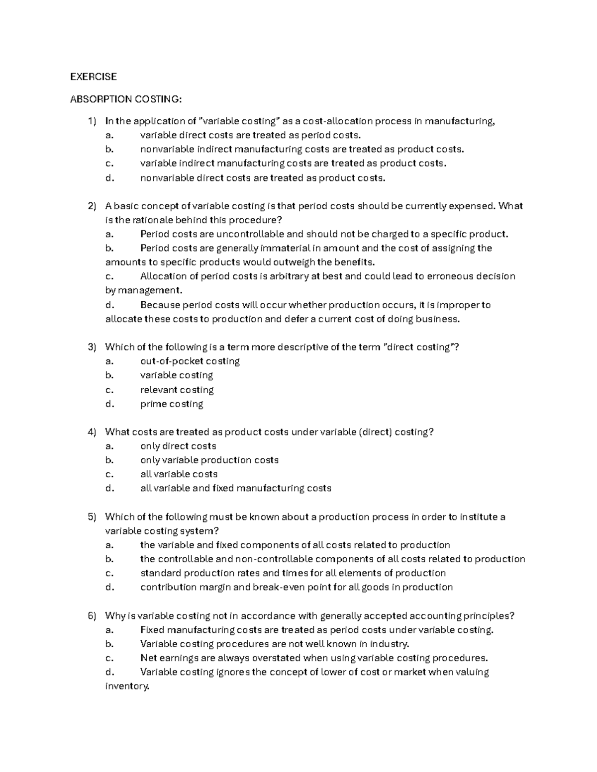 Absorption Sample Problems - EXERCISE ABSORPTION COSTING: In the ...