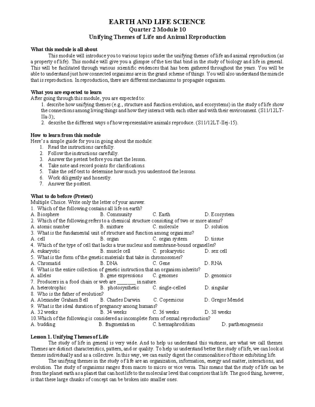 ELS Q2 Module 10 - Unifying Themes of Life & Animal Reproduction ...