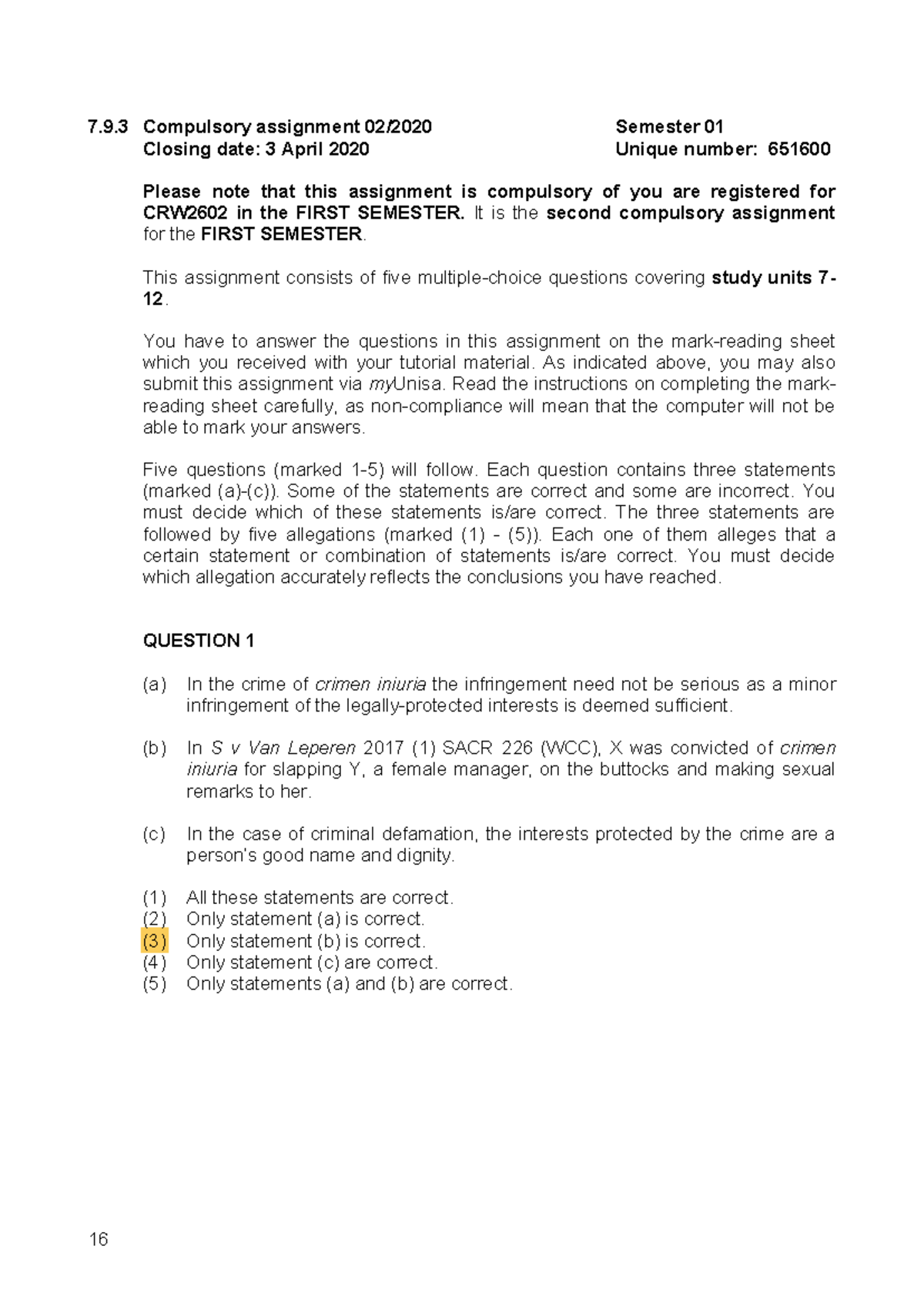 CRW2602: Compulsory Assignment Notes for Semester 01 (Unique No. 651600 ...