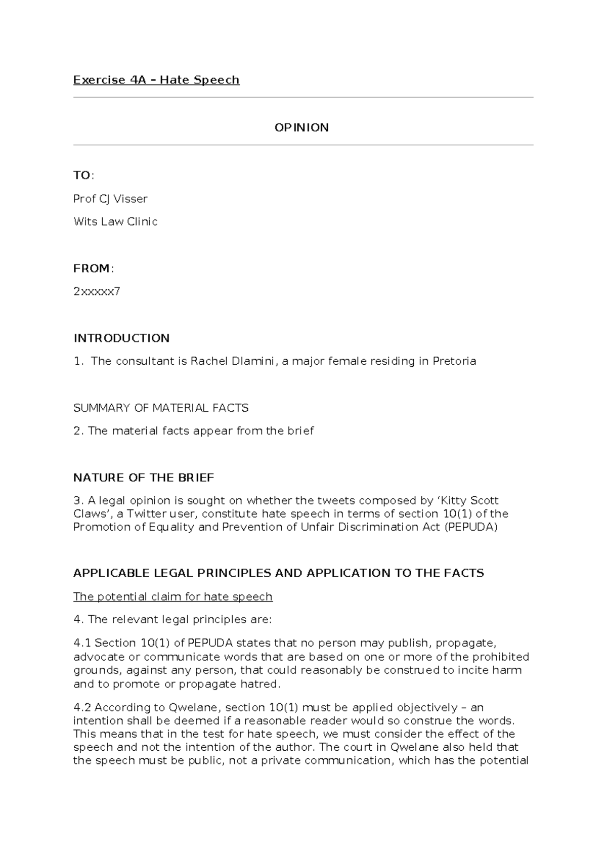 Exercise 4A - Drafting a Legal Opinion on Hate Speech under PEPUDA ...