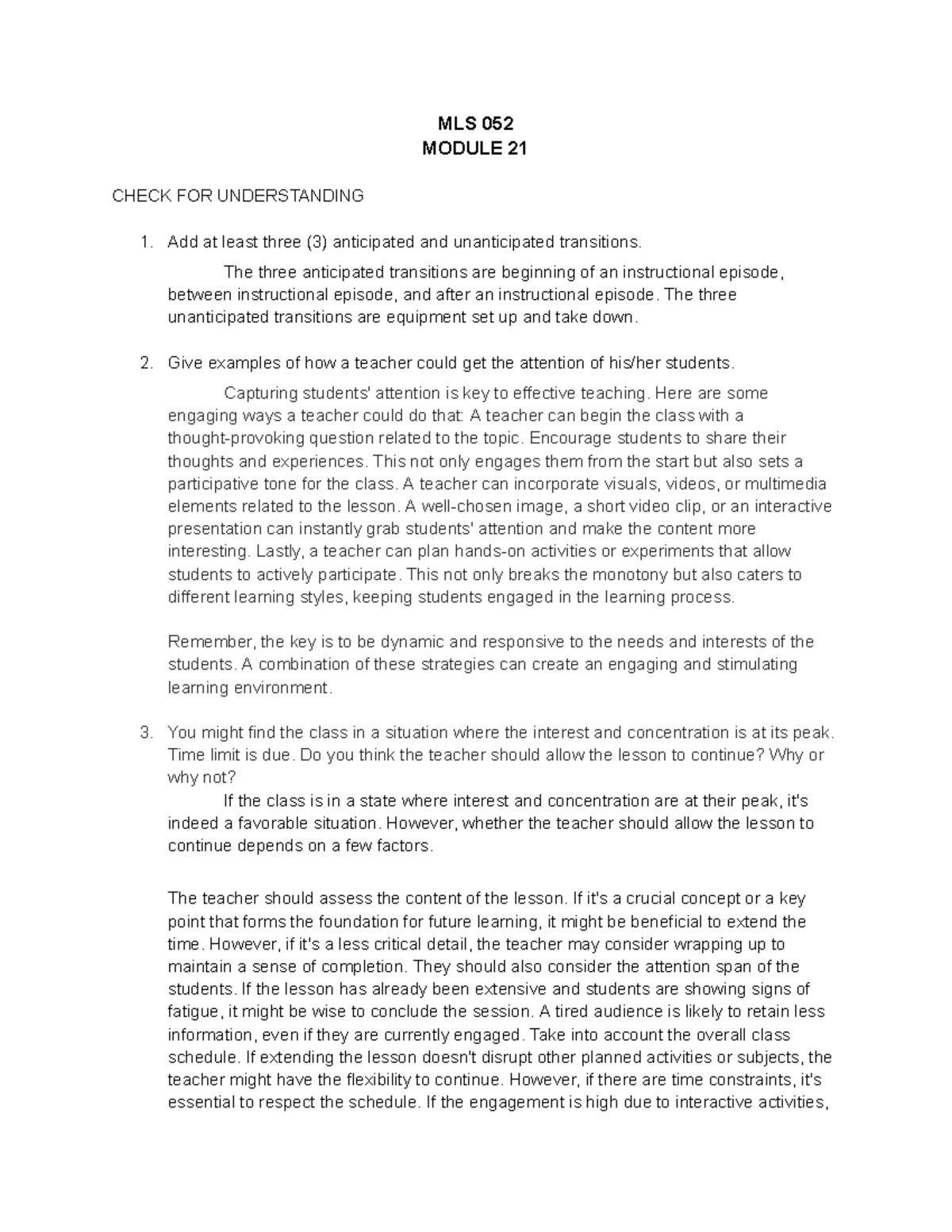 MLS 052 Modules 21-23 - MLS 052 - MLS 052 MODULE 21 CHECK FOR ...