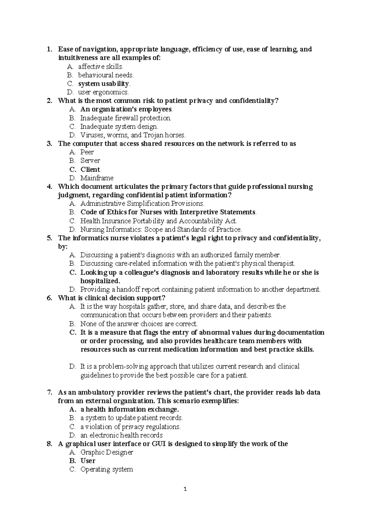 Informatics-1: Essential Concepts and Quiz Questions for Nursing - Studocu
