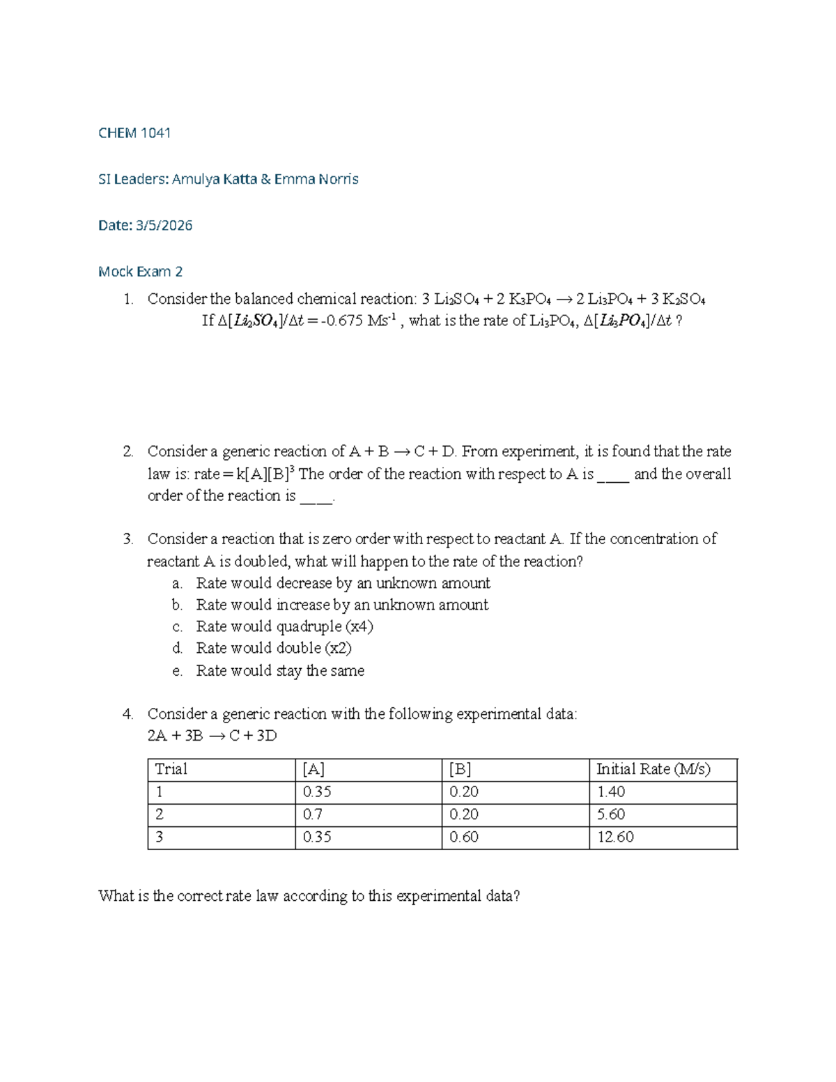 Mock Exam 2 Review for CHEM 1041: Key Concepts and Problems - Studocu