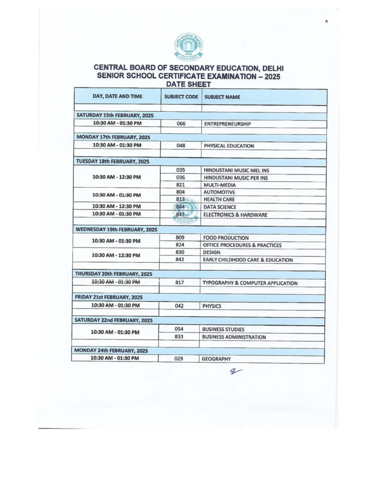 CBSE Class 12 Date Sheet 2025: Exam Schedule & Subjects - Studocu
