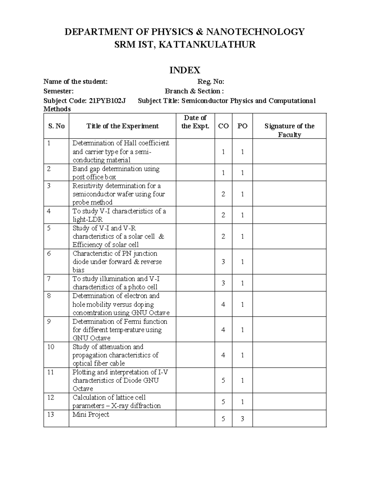 21PYB102J Physics Lab Index: Semiconductor Physics Experiments - Studocu
