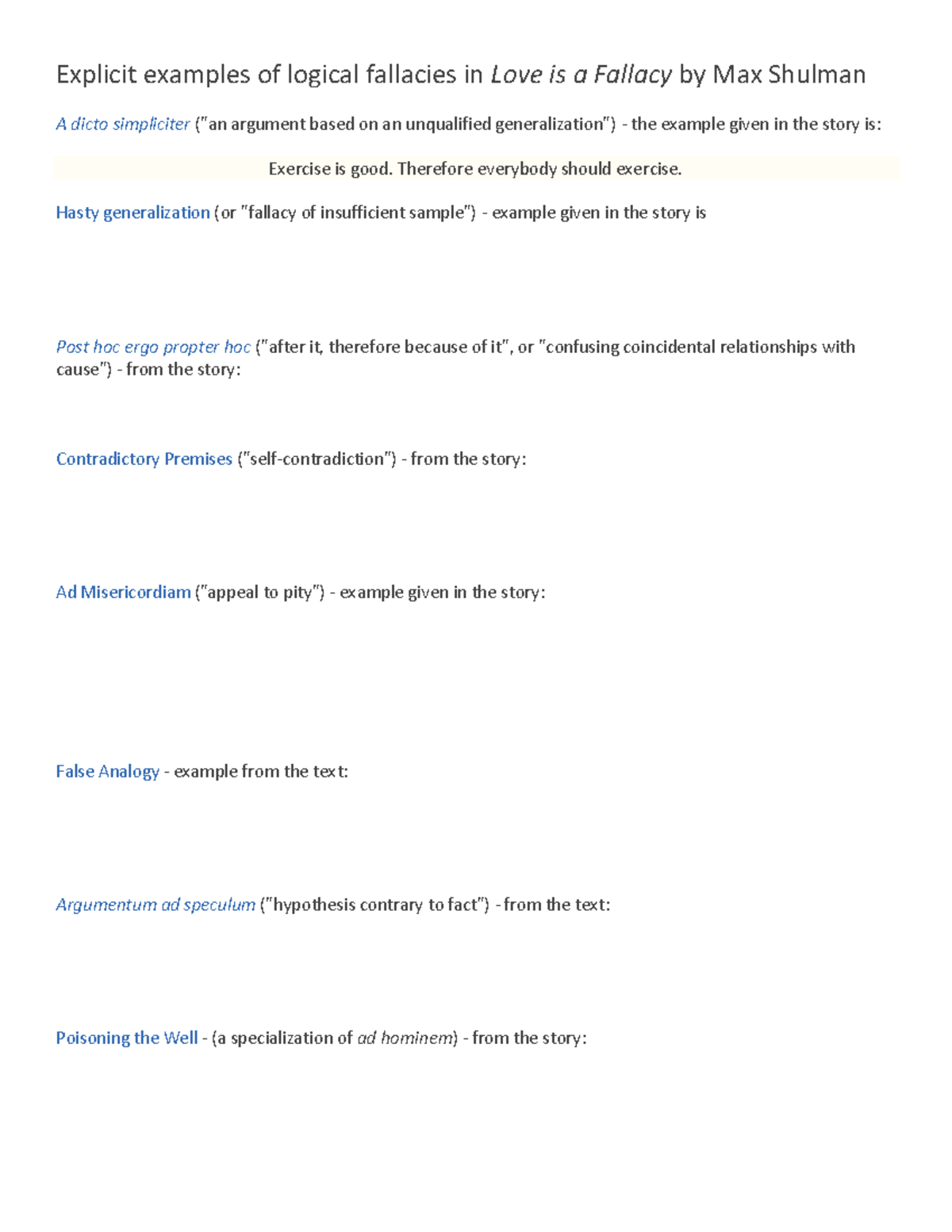 Fallacies in Love is a Fallacy: Student Handout on Logical Fallacies ...