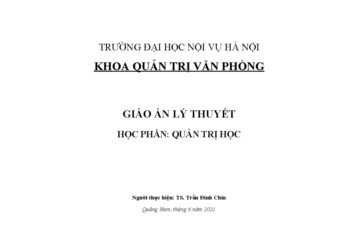 GIÁO ÁN HỌC PHẦN QUẢN TRỊ HỌC (BẮT BUỘC) - TRƯỜNG ĐH NỘI VỤ HÀ NỘI - Document Preview