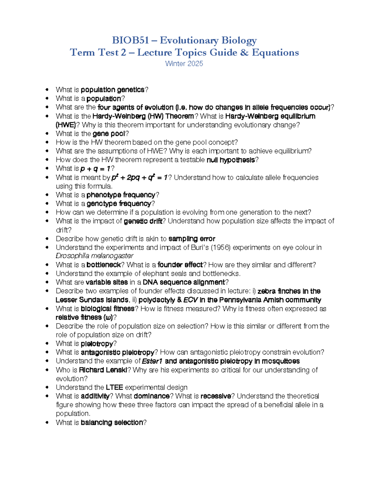 Term Test 2 Topics Guide Equations 2025 - BIOB51 – Evolutionary Biology ...