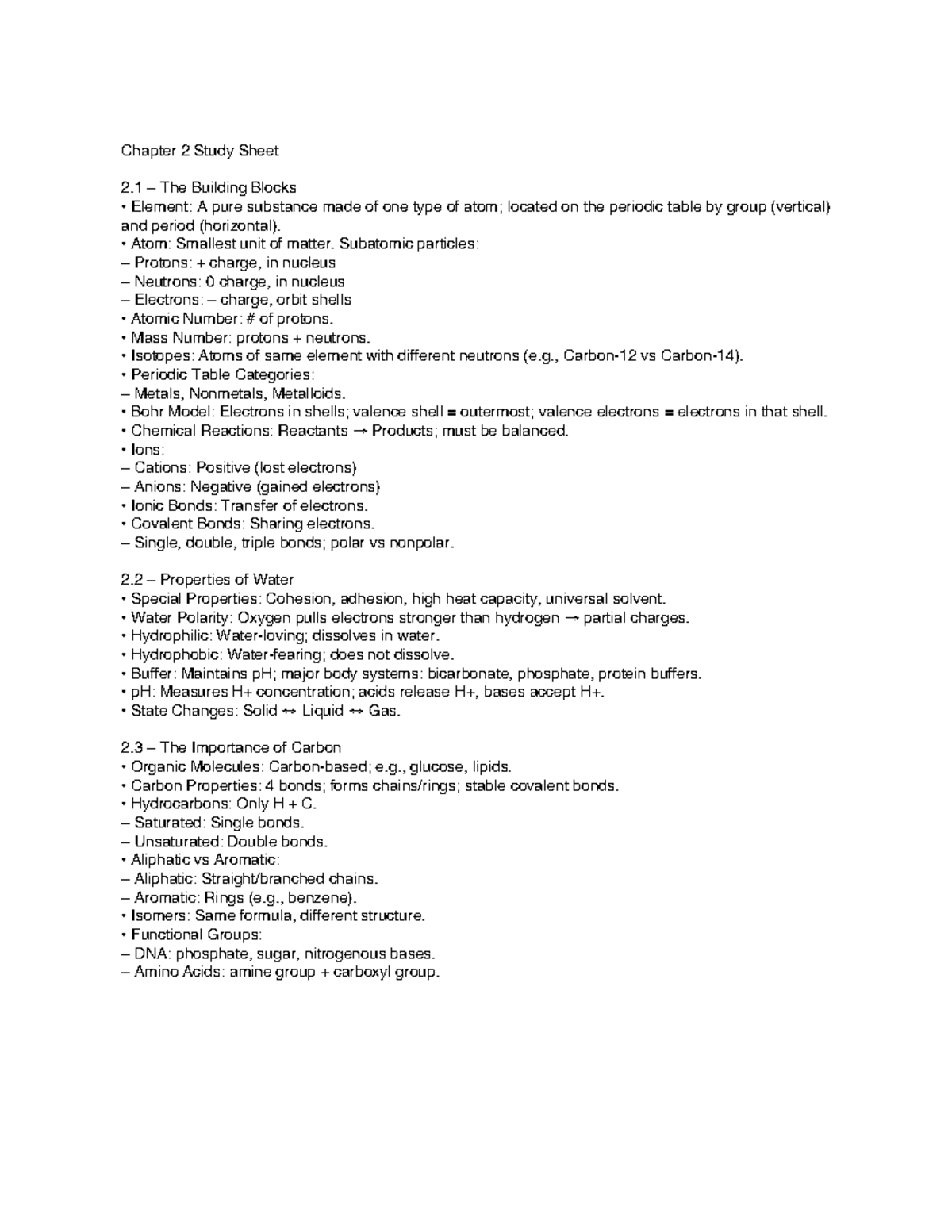 Chem 2 Review - Chapter 2 Study Sheet on Building Blocks - Studocu