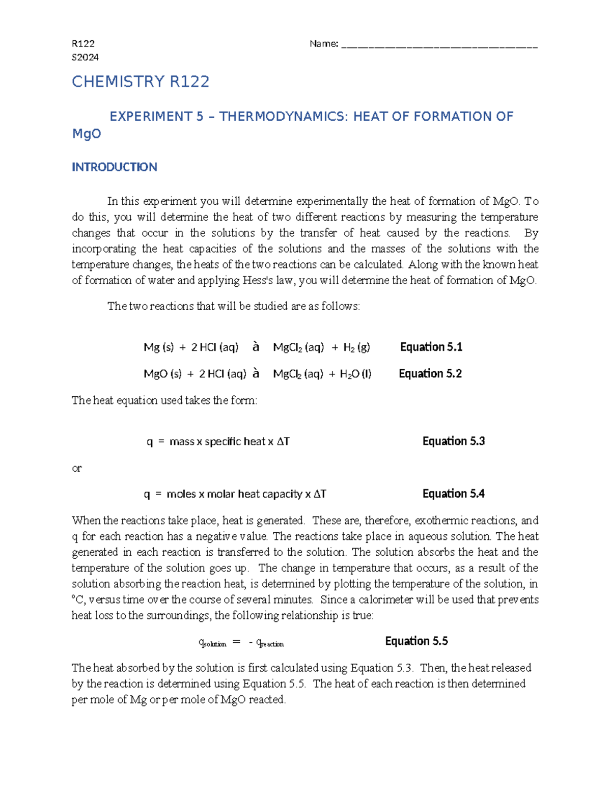 CHEMISTRY R122 Experiment 5: Thermodynamics and MgO Formation Heat - S ...